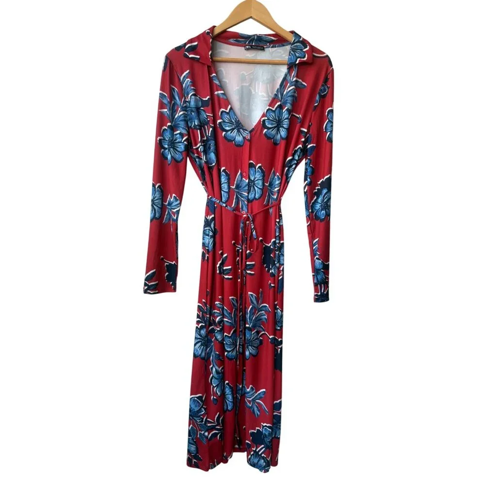 Zara Long Sleeve Shirt Dress Size L Boho Button Down Belted Red Blue Floral Midi - Picture 2 of 12